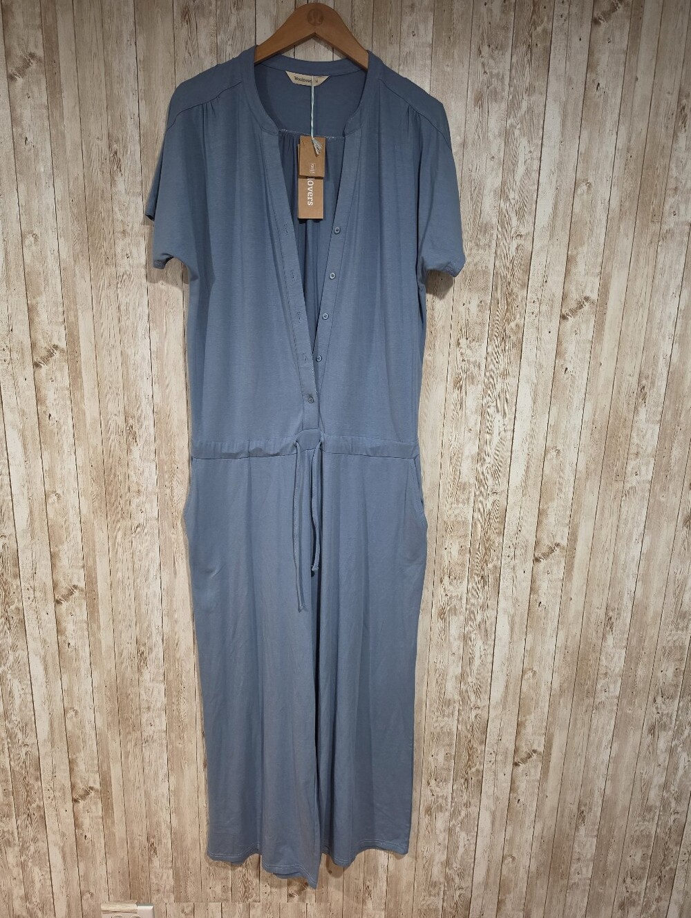 Woolovers Button Through Denim Blue Minimalist Wide Leg Jumpsuit M NWT